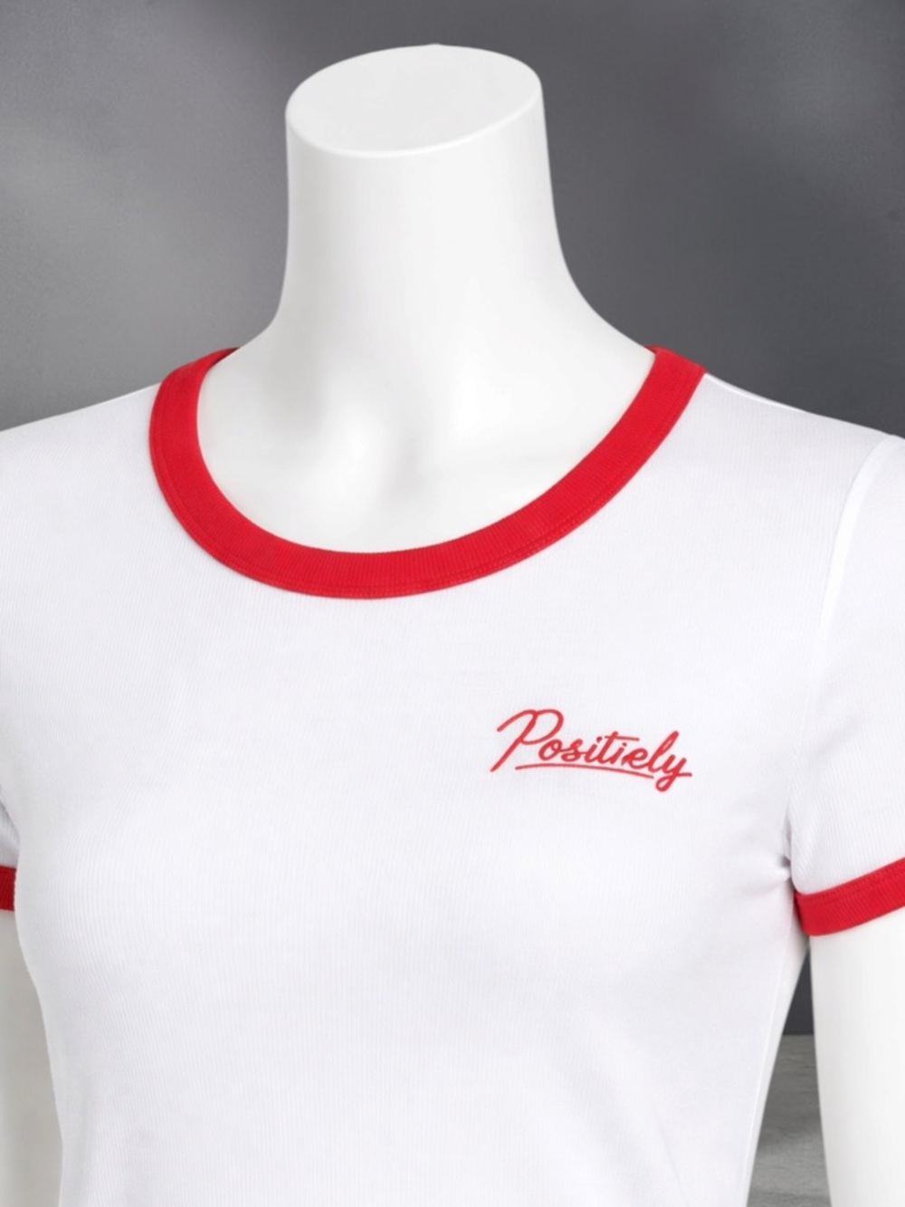 White Ringer Tee with Red Trim and "Positively" Script - Picture 4 of 14